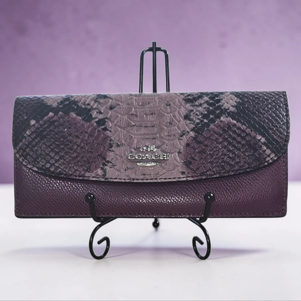 COACH Python Embossed Leather Continental Long Wallet Plum Purple Exotic Flap - Picture 8 of 14